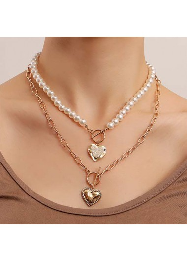 Modlily Golden Heart Pearl Alloy Detail Necklace - One Size