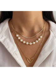 Modlily Golden Heart Pearl Metal Layered Necklace - One Size