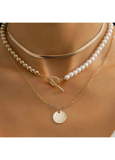 Modlily Golden Layered Design Pearl Detail Necklace Set - One Size