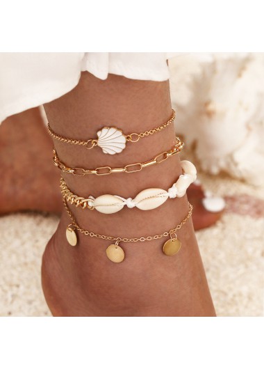 Modlily Golden Metal Detail Shell Design Anklet Set - One Size