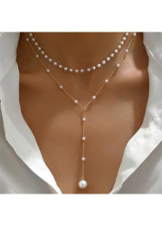 Modlily Golden Pearl Alloy Layered Design Necklace - One Size