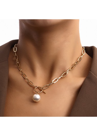 Modlily Golden Pearl Chain Design Alloy Necklace - One Size