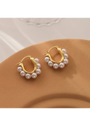 Modlily Golden Pearl Copper Round Design Earrings - One Size