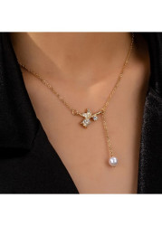 Modlily Golden Rose Design Pearl Alloy Necklace - One Size