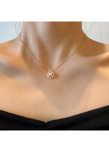 Modlily Golden Round Design Metal Pearl Necklace - One Size