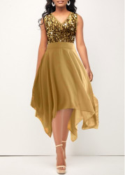 Modlily Golden Sequin Sleeveless V Neck Dress - L