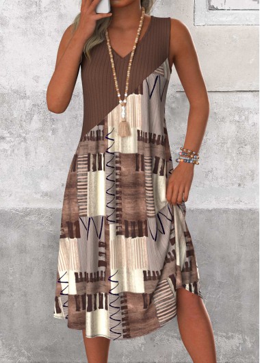 Modlily Gray Brown Patchwork Geometric Print A Line Sleeveless Dress - S