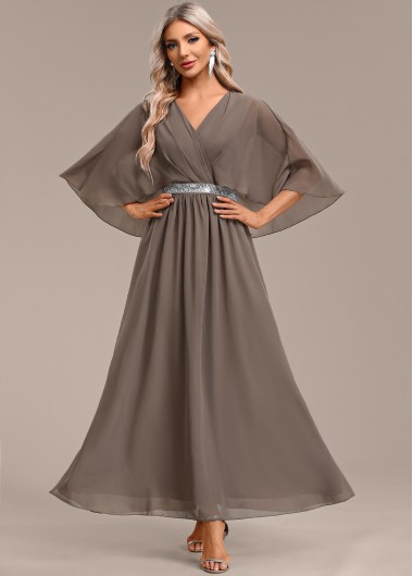 Modlily Gray Brown Surplice Maxi Half Sleeve V Neck Dress - S