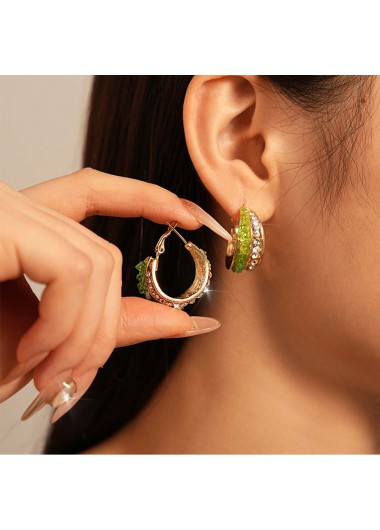 Modlily Green Alloy Detail Rhinestone Round Earrings - One Size