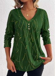 Modlily Green Button Geometric Print Long Sleeve T Shirt - S