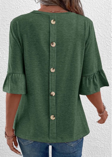 Modlily Green Button Half Sleeve Round Neck T Shirt - S