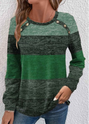 Modlily Green Button Long Sleeve Round Neck T Shirt - S