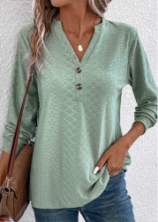 Modlily Green Button Long Sleeve Split Neck T Shirt - S