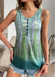 Modlily Green Button Ombre Sleeveless Scoop Neck Tank Top - S