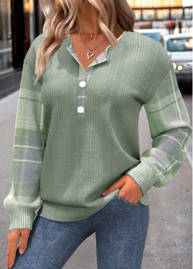 Modlily Green Button Plaid Long Sleeve Split Neck Sweatshirt - S