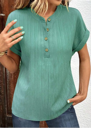 Modlily Green Button Short Sleeve V Neck T Shirt - S