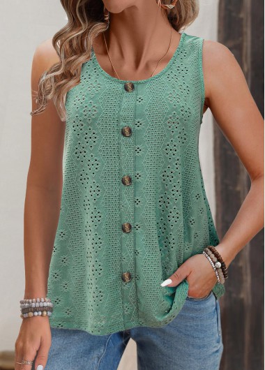 Modlily Green Button Sleeveless Scoop Neck Tank Top - S