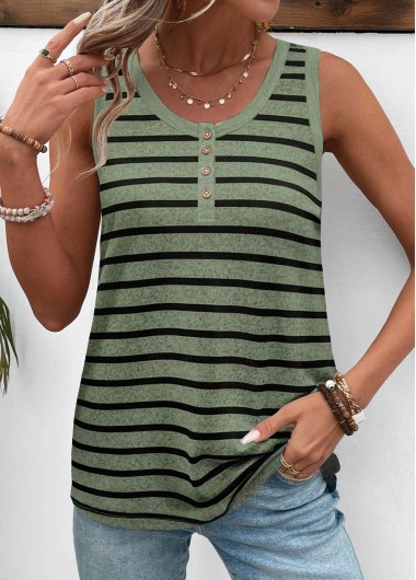 Modlily Green Button Striped Sleeveless Round Neck Tank Top - S