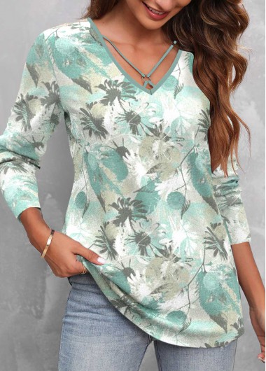 Modlily Green Circular Ring Floral Print Long Sleeve T Shirt - M