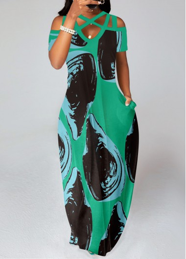 Modlily Green Criss Cross Graffiti Print Maxi Dress - S