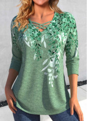 Modlily Green Criss Cross Plants Print T Shirt - S