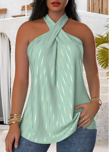 Modlily Green Criss Cross Polka Dot Sleeveless Tank Top - M