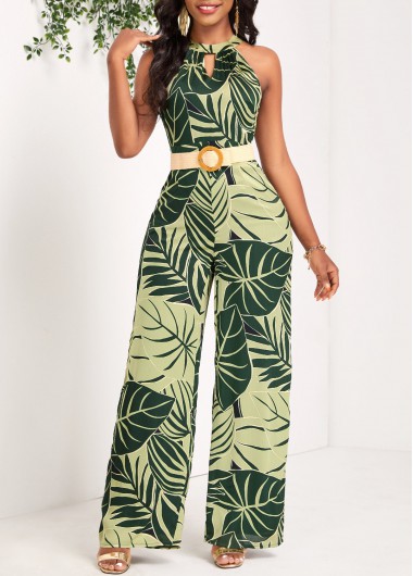 Modlily Green Cut Out Leaf Print Long Sleeveless Jumpsuit - XXL