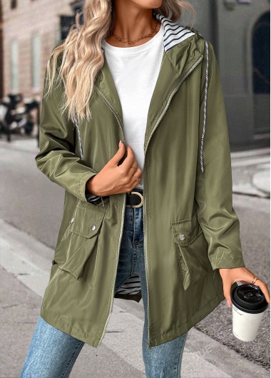 Modlily Green Drawstring Long Sleeve Hooded Coat - S