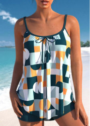 Modlily Green Geometric Print Bowknot Tankini Set - S