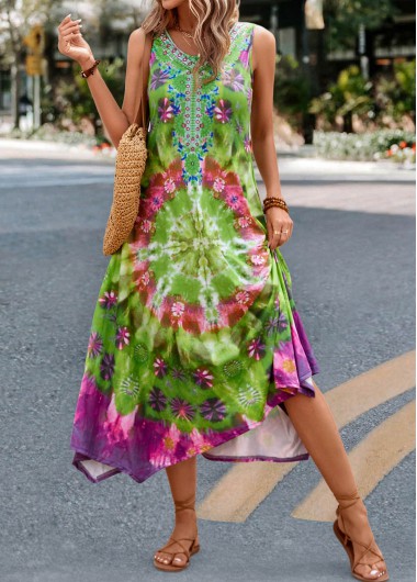 Modlily Green Handkerchief Hem Tie Dye Print Dress - S