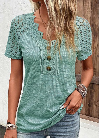 Modlily Green Lace Short Sleeve V Neck T Shirt - S