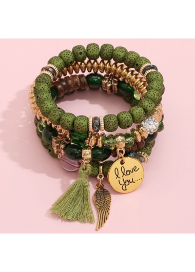 Modlily Green Letter Tassel Beaded Bracelet Set - One Size