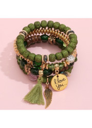 Modlily Green Letter Tassel Beaded Bracelet Set - One Size