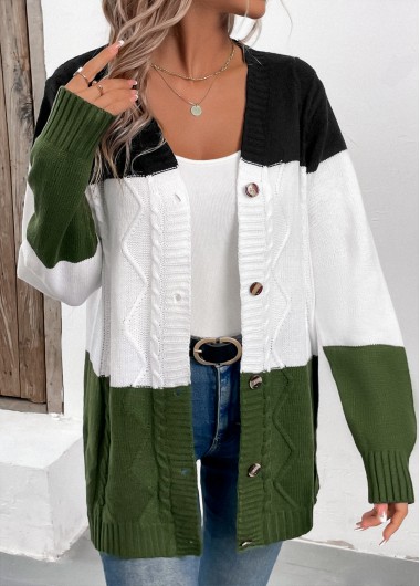 Modlily Green Patchwork Button Long Sleeve Cardigan - S