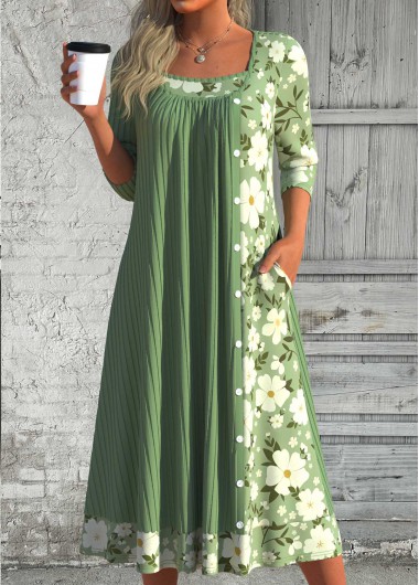 Modlily Green Patchwork Floral Print Long Sleeve Scoop Neck Dress - S