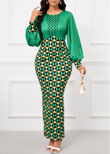 Modlily Green Patchwork Geometric Print Maxi Bodycon Dress - XL