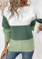 Modlily Green Patchwork Long Sleeve Round Neck Sweater - S