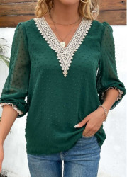 Modlily Green Patchwork Long Sleeve V Neck Blouse - S