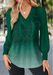 Modlily Green Patchwork Ombre Long Sleeve V Neck T Shirt - S