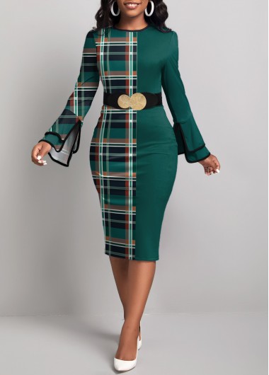 Modlily Green Patchwork Plaid Long Sleeve Bodycon Dress - M