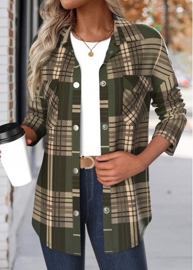 Modlily Green Patchwork Plaid Long Sleeve Turn Down Collar Coat - S