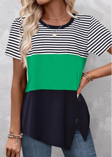 Modlily Green Patchwork Striped Short Sleeve T Shirt - M