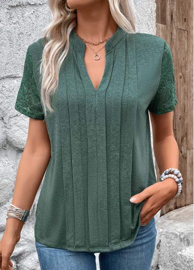 Modlily Green Pleated Short Sleeve Split Neck T Shirt - M