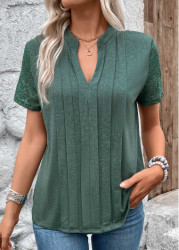 Modlily Green Pleated Short Sleeve Split Neck T Shirt - M