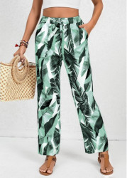 Modlily Green Pocket Feathers Print Elastic Waist High Waisted Pants - 5XL