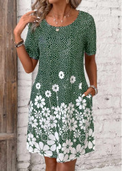 Modlily Green Pocket Floral Print Short Round Neck Dress - S