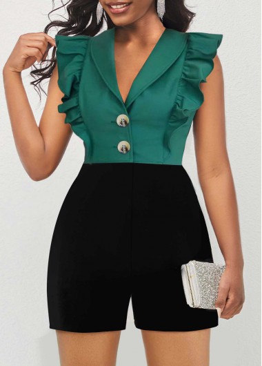 Modlily Green Ruffle Short Sleeveless Shawl Collar Romper - M