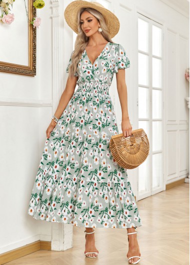 Modlily Green Smocked Floral Print Short Sleeve Maxi Dress - S