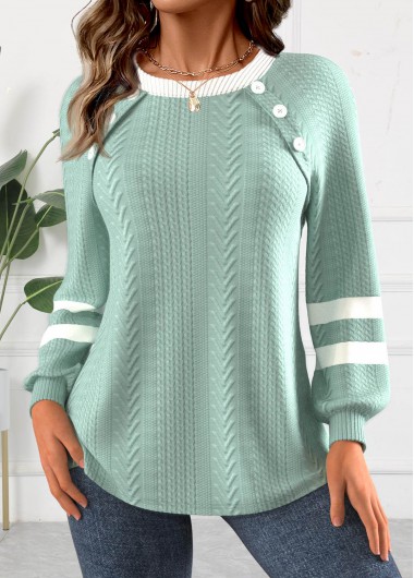 Modlily Green Textured Fabric Long Sleeve Round Neck Sweatshirt - S