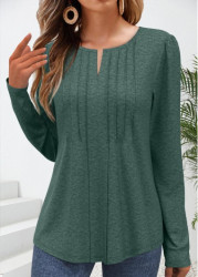 Modlily Green Tuck Stitch Long Sleeve Split Neck T Shirt - M